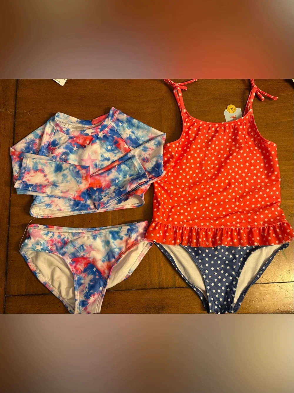 Cat & Jack Red Star-Print Girls' Swim Top with Blue Tie-Dye Accent S(6/7)